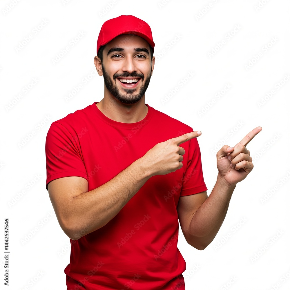 Naklejka premium Happy Delivery Man Pointing to the Side, Excellent Service, Fast Delivery