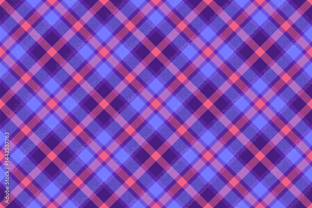 Vibrant diagonal plaid pattern in shades of purple and coral. Perfect for textile design, website backgrounds, or fashion projects. Vibrant diagonal plaid pattern in shades of purple and coral. Perfect for textile design, website backgrounds, or fashion projects.
