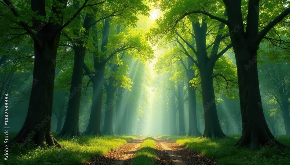 Fototapeta premium Towering trees, dappled sunlight filtering through, outdoor, sunlight, growth