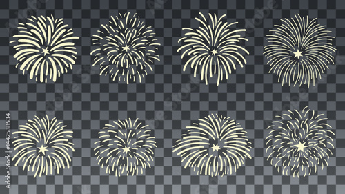 Fireworks set isolated on a dark transparent background. Hand-drawn firework еlements for a holiday banner, poster or card. Simple flat vector design