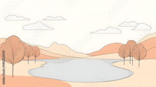 landscape, vector, illustration, sky, nature, mountain, sun, cartoon, clouds, summer, cloud, tree, sunset, design, desert, art, mountains, autumn, spring, house, day, sea, fall, season, grass photo