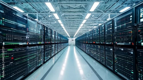 Hightech data center with endless rows of servers and glowing lights in a futuristic environment