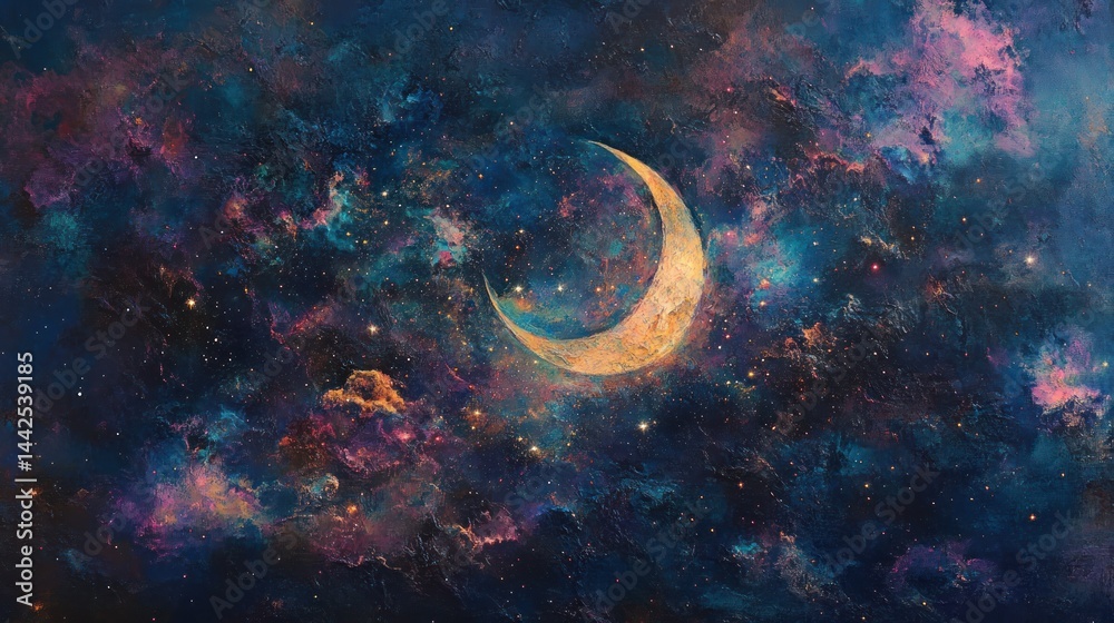 Crescent moon glowing in a vibrant night sky filled with nebulae and stars.