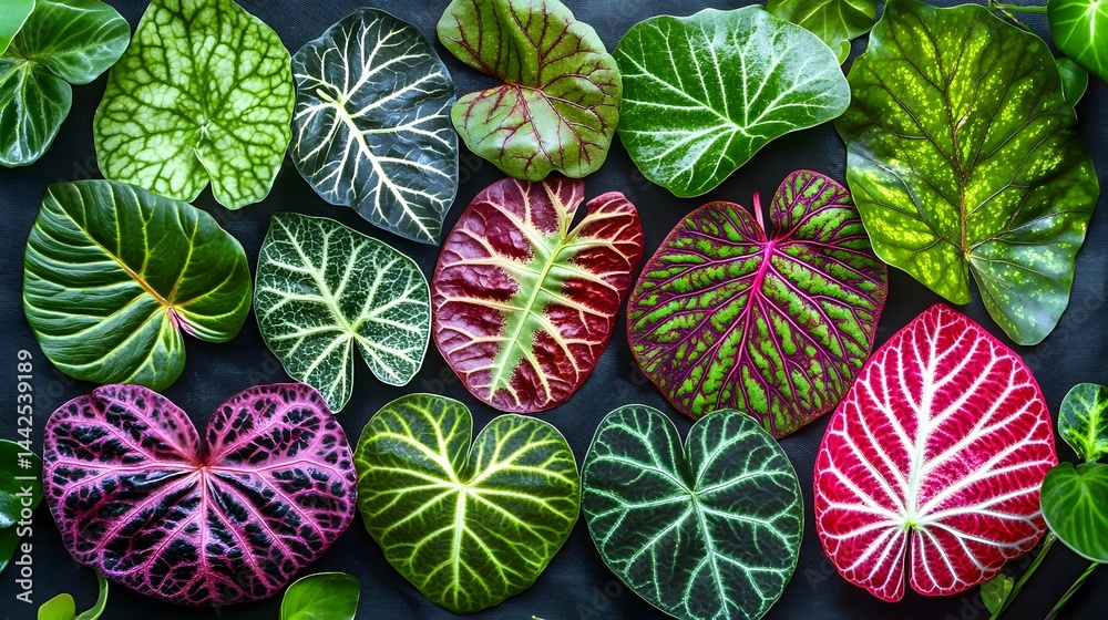 Naklejka premium Vibrant Collection of Caladium Leaves Tropical Foliage