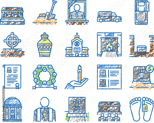 Funeral Burial Service set Icons hand drawn