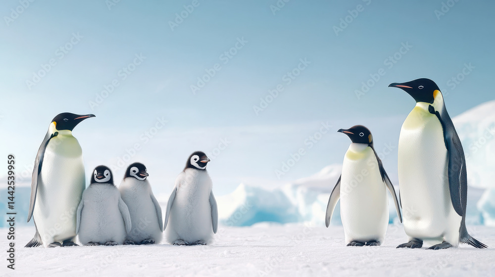 Fototapeta premium family of penguins huddled together on snowy landscape, showcasing their bond and warmth in cold environment