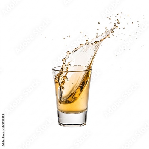 Liquid splash in a glass isolated on white background. Close-up of beverage spilling