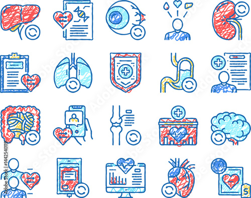 Organ Donation Medical set Icons hand drawn