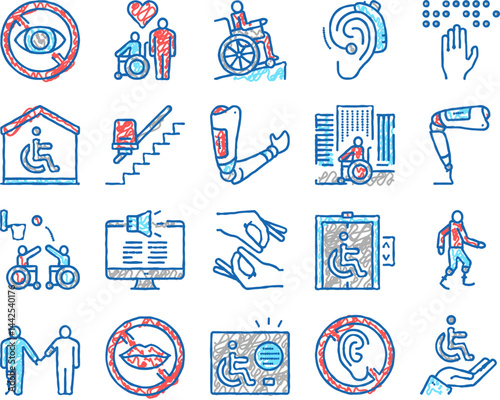 Disability Technology set Icons hand drawn