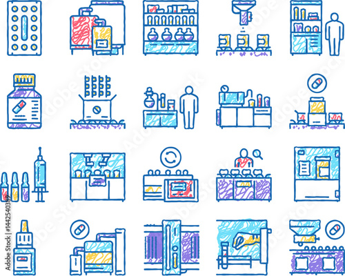 Medical Drugs Production Factory Icons hand drawn