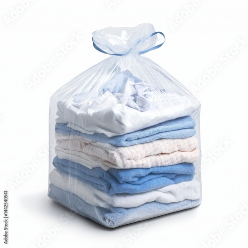 Wallpaper Mural A transparent bag filled with neatly folded blue and white clothes, showcasing a tidy arrangement, ideal for laundry services or home organization Torontodigital.ca