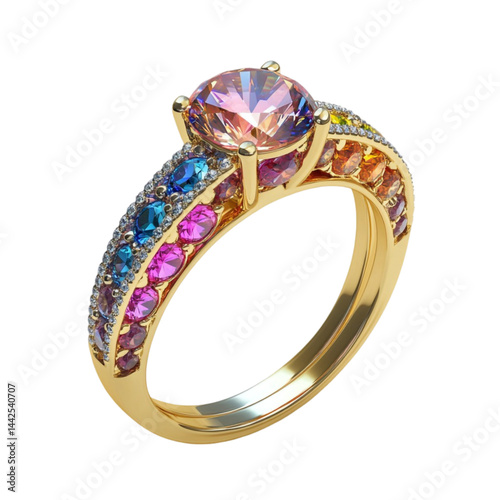 Gold ring with large pink gemstone and colorful smaller gemstones photo