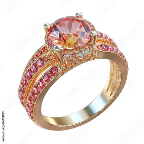 Elegant rose gold ring with large pink gemstone and pink accents