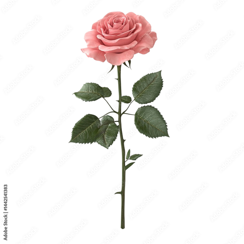 Obraz premium Pink rose with green leaves against a colorful striped background