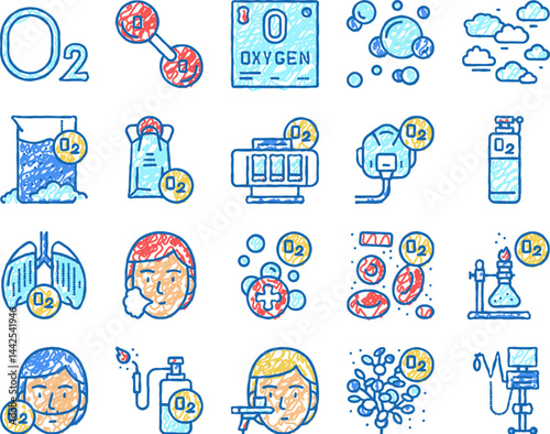 Oxygen O2 Chemical set Icons hand drawn