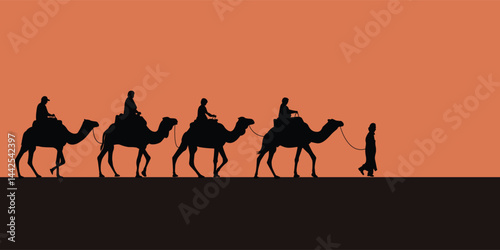 Silhouette of a camel rider and a camel lead as tourists in the desert.