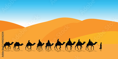 Silhouette of camel riders and camels leading in a long line, traveling in the hot desert, vector illustration.
