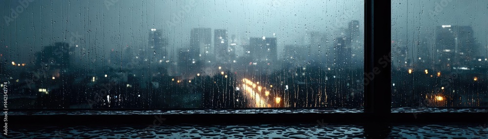 Fototapeta premium Raindrop on a window with cityscape texture and sad atmosphere concept. Urban landscape at night during a heavy rainstorm with lights.