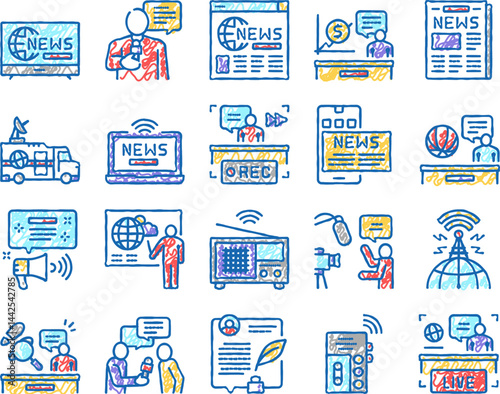 News Broadcasting set Icons hand drawn