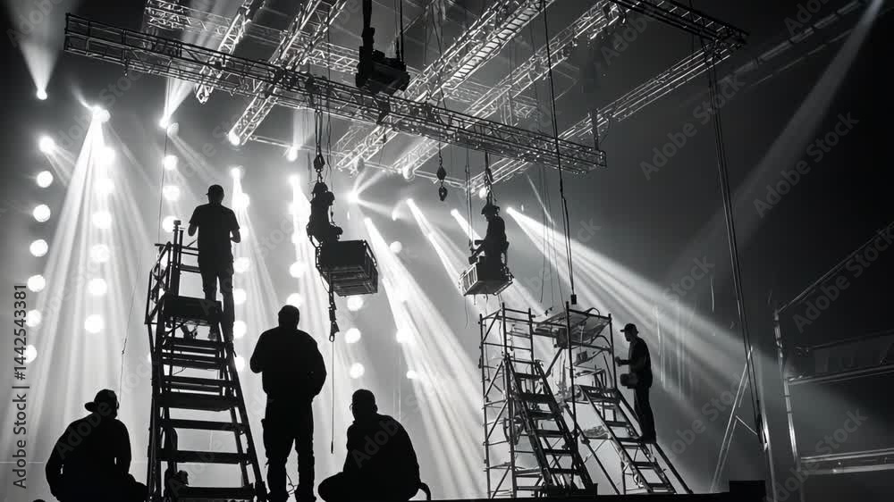Backstage: stage crew working on lighting rig for a concert or event.