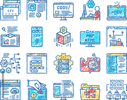 Dev Code Occupation set Icons hand drawn