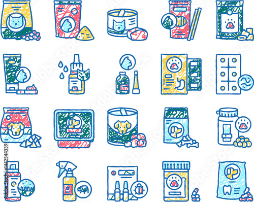 Pet Products Food set Icons hand drawn