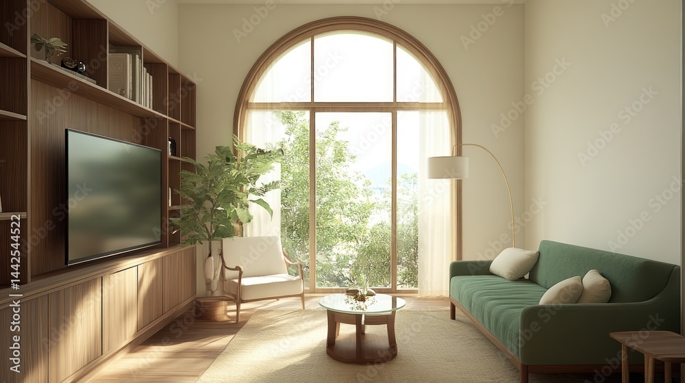 Fototapeta premium Modern living room, green sofa, arched window, sunlit, nature view, interior design