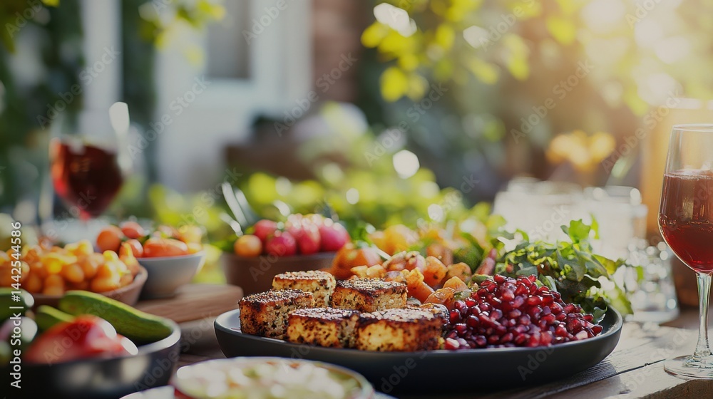 Brunch board with vegetarian protein appetizers and vibrant accents