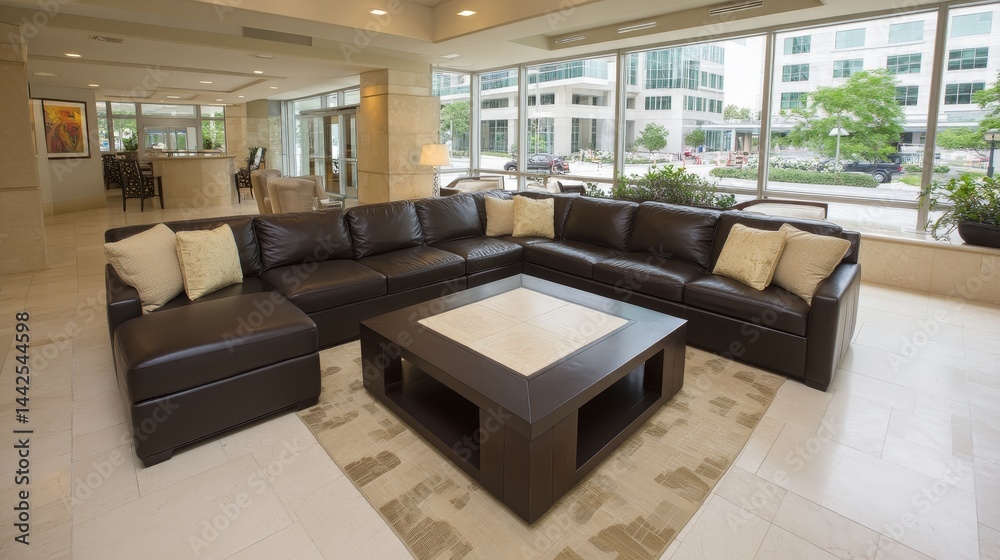 Fototapeta premium Contemporary lounge area showcases sleek leather seating and geometric furniture with neutral tones, offering a welcoming atmosphere and plenty of copy space