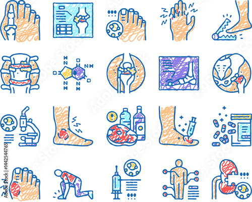 Gout Health Disease set Icons hand drawn