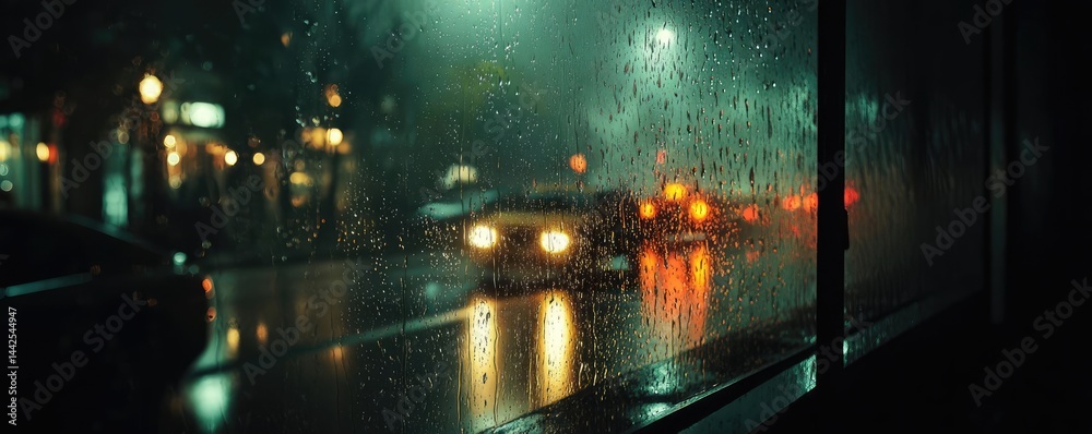 Fototapeta premium Raindrop on a window with cityscape texture and sad atmosphere concept. Rainy night view through a window with blurred city lights.