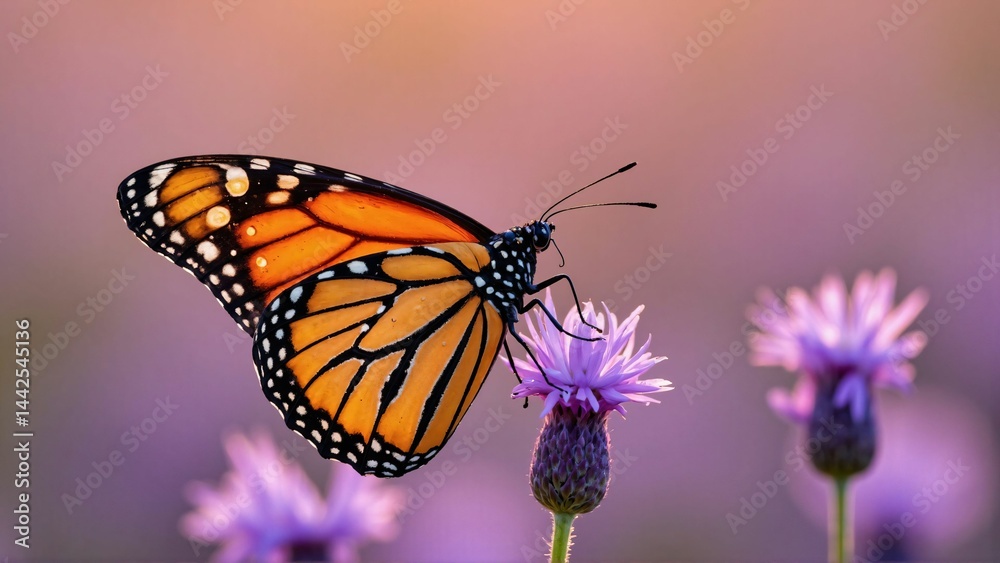 Obraz premium Macro Monarch Butterfly on Lavender at Dewy Sunrise