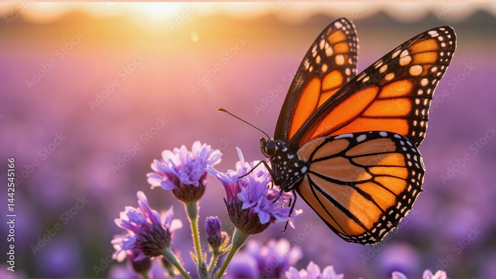 Fototapeta premium Macro Monarch Butterfly on Lavender at Dewy Sunrise