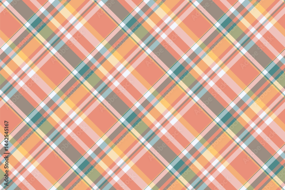 Vibrant diagonal plaid pattern in soft peach, muted yellow, teal, and gray. Perfect for textile design, website backgrounds, or creating a charming, rustic aesthetic. Vibrant diagonal plaid pattern in soft peach, muted yellow, teal, and gray. Perfect for textile design, website backgrounds, or creating a charming, rustic aesthetic.