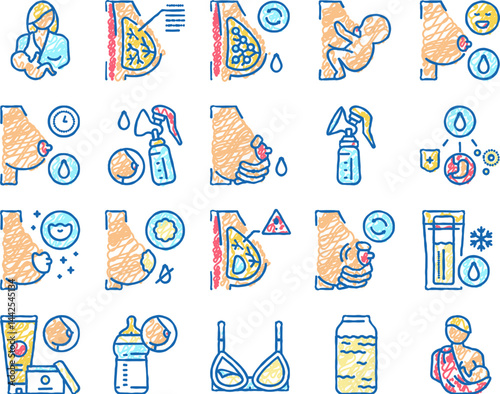 Breastfeeding Baby set Icons hand drawn