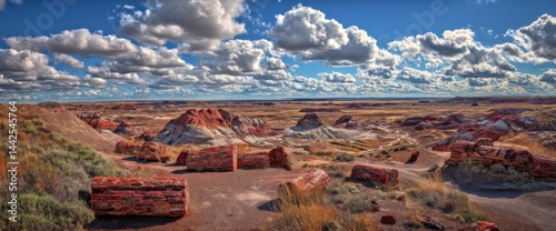 The west side of Red Basin in Arizona's Petrified Forest National Park features large pieces of petrified wood