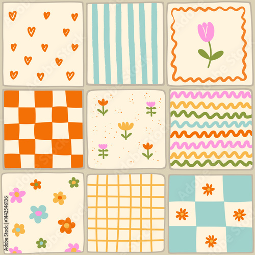 Seamless vector pattern with handpainted ceramic tiles in naive art style. Checkerboard background with daisy and tulip flowers, waves, abstract lines. Geometric retro design