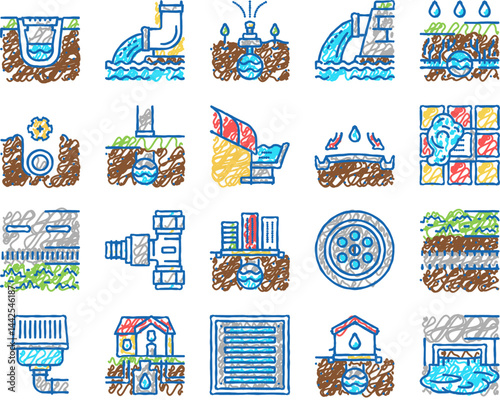 Drainage Water System set Icons hand drawn