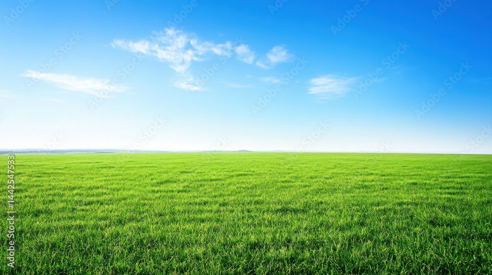 A bright green grassy field extends under a clear blue sky A bright green grassy field extends under a clear blue sky