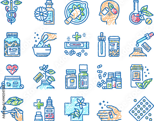 Homeopathy Medicine set Icons hand drawn