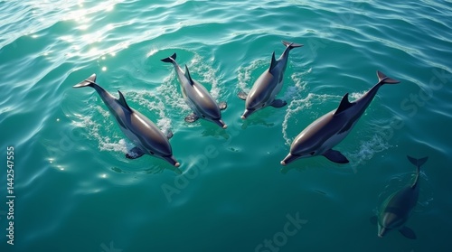 A high-resolution, professionally captured stock photo of a cluster of five to seven dolphins, varied in size and age, playing and breaching the turquoise ocean surface, viewed from directly above