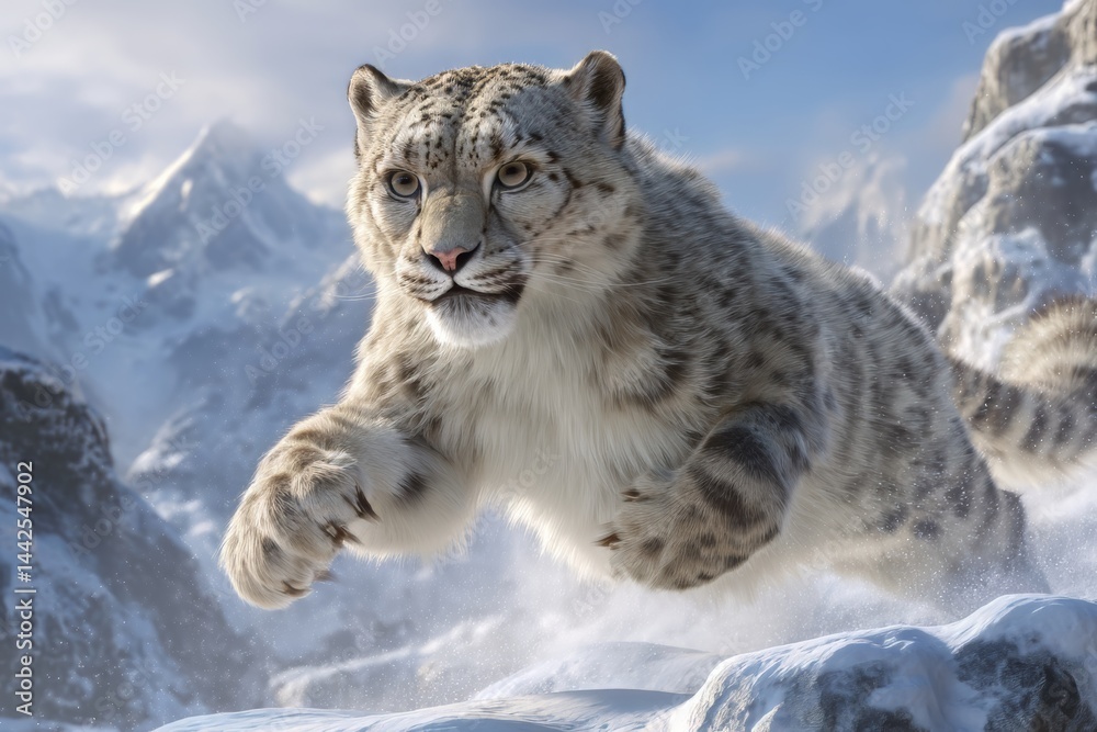 Fototapeta premium Exploring the Majesty of Snow Leopards in Their Rugged Natural Habitat Through Dynamic Movements