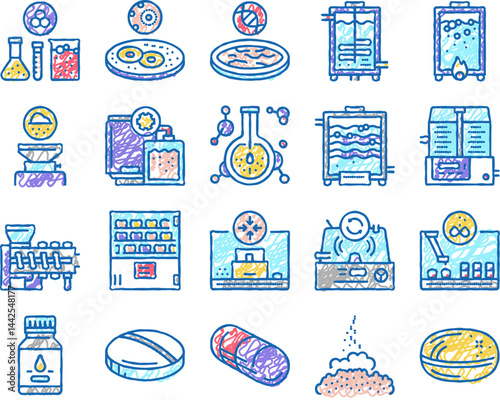 Pharmaceutical Production Factory Icons hand drawn