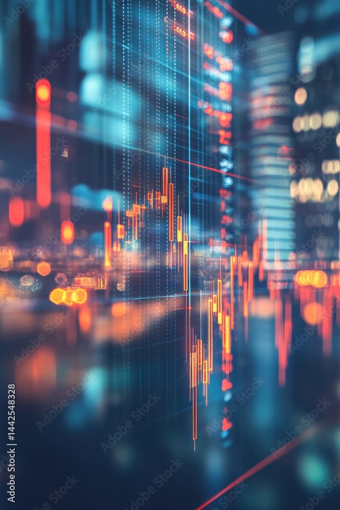 Fototapeta premium Financial data display at night in a city