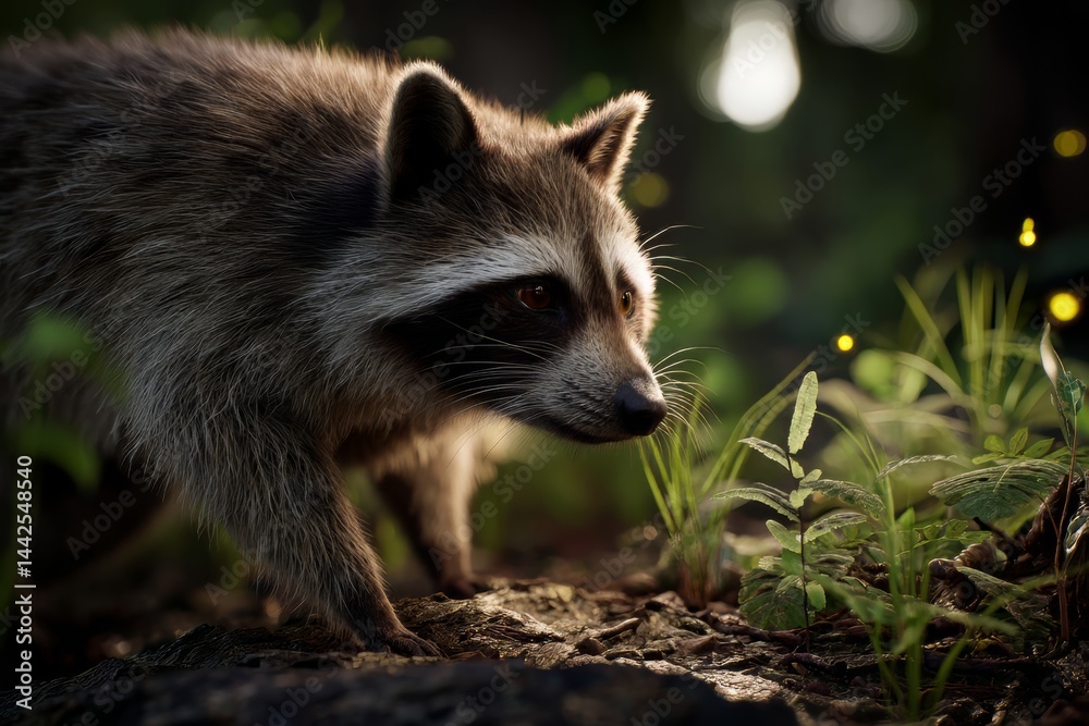 Naklejka premium A Delightful Raccoon Exploring the Twilight Woodland Floor Surrounded by Fireflies