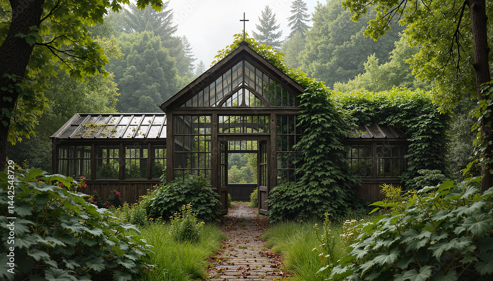 Old greenhouse with cross overgrown with ivy in forest clearing, mystical atmosphere in summer light
Old greenhouse with cross overgrown with ivy in forest clearing, mystical atmosphere in summer light