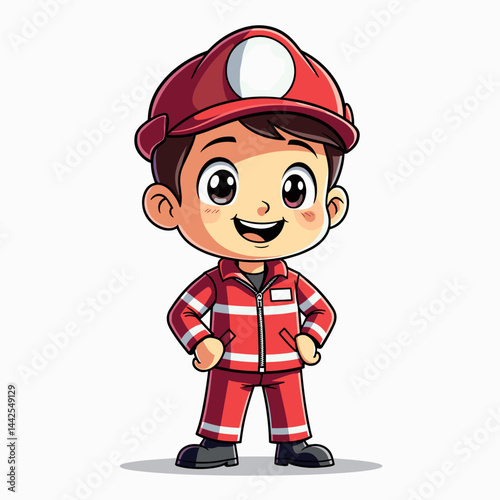 cartoon kid firefighter character for safety education, children's books, profession learning materials, community helper themes