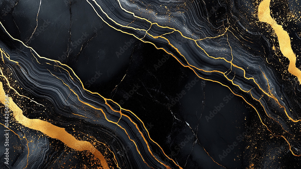 Fototapeta premium Abstract pattern of gold on black stone.