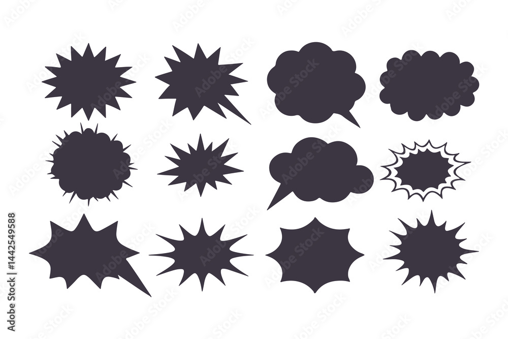 Black Comic Explosion and Speech Bubble Vector Shapes. Starburst Silhouettes for Graphic Design, Comic Book Art, Pop Art, and Digital Illustration. Black Comic Explosion and Speech Bubble Vector Shapes. Starburst Silhouettes for Graphic Design, Comic Book Art, Pop Art, and Digital Illustration.