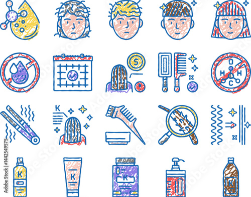 Keratin Hair Procedure set Icons hand drawn